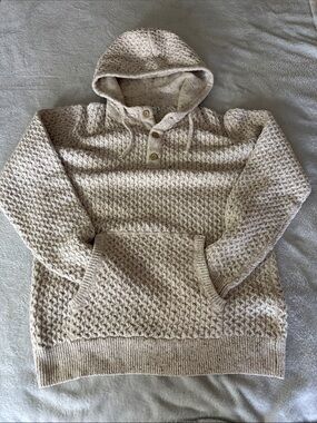 Wellen Recycled Cotton Men's Cream Hooded Kangaroo Waffle Knit Sweater L EUC